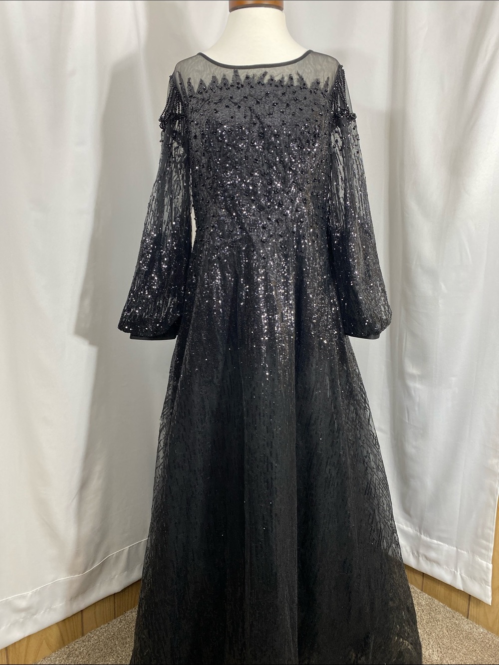 Mac Duggal Black Jewel Encrusted Illusion Long Sleeve A-line Gown Size 14 NWT - Picture 4 of 16